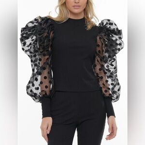 En Saison Elegant Black Polka Dot Sheer Sleeve Top
